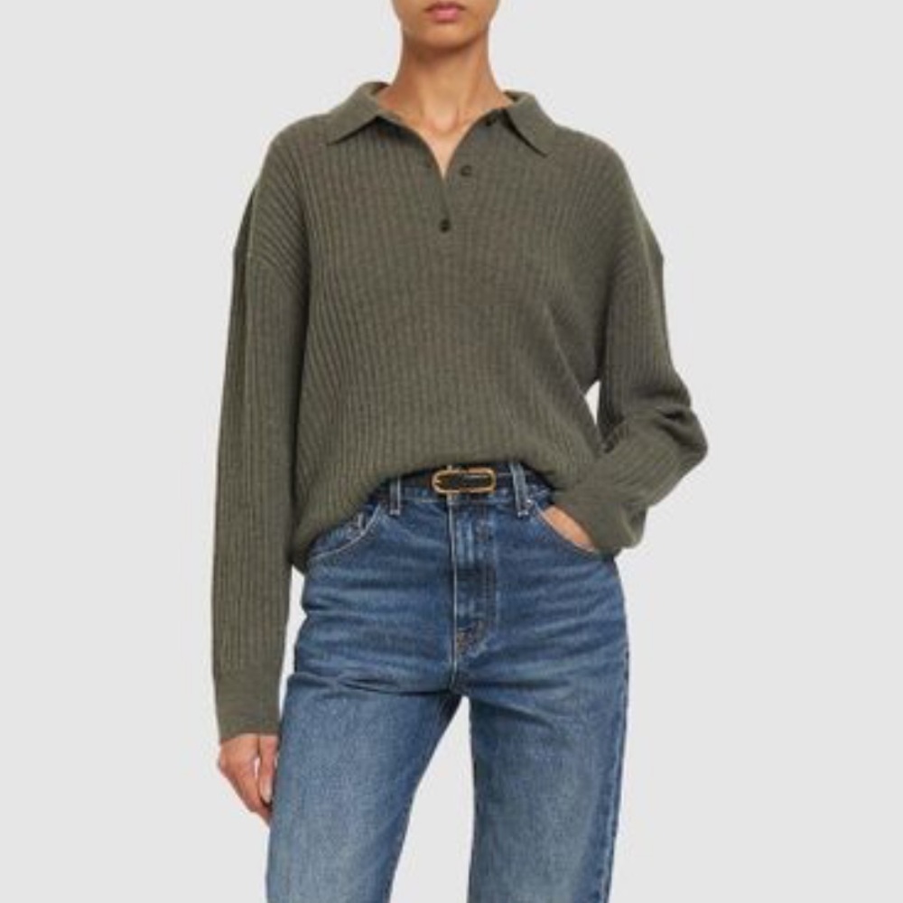 Nili Lotan Romona ribbed wool polo sweater top in army green